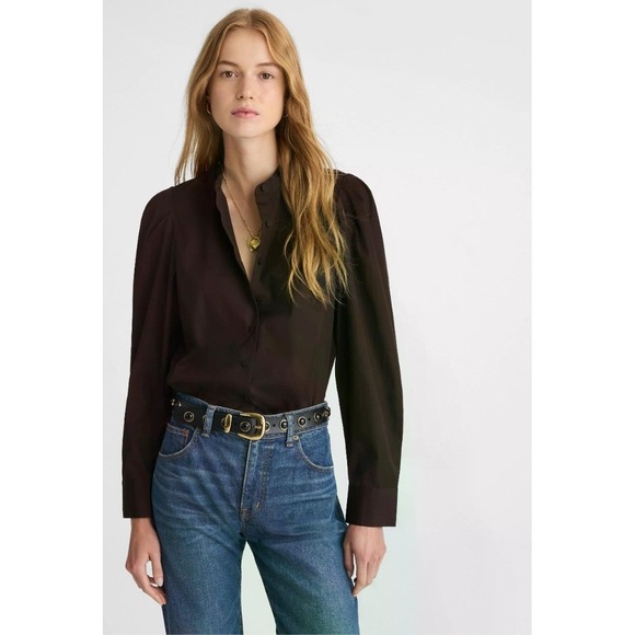 Madewell Tops - Madewell NW627 Puff Sleeve Band Collar Button Down Shirt Brown XXS NWT $80